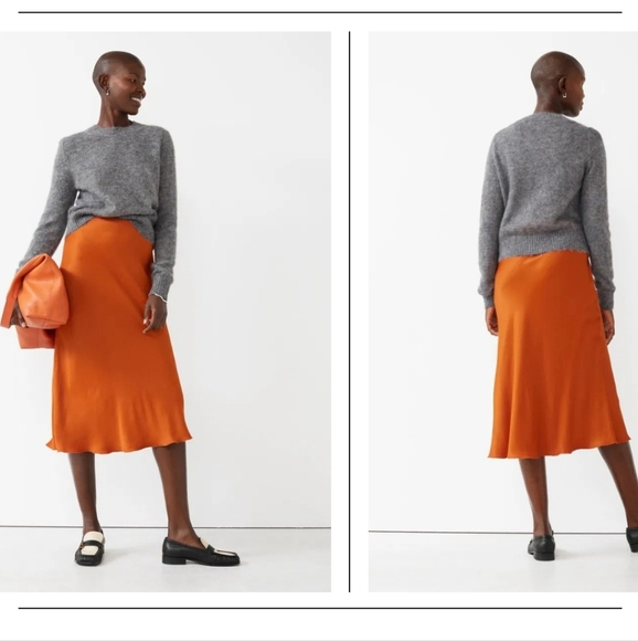 & Other Stories Orange Satin Midi Skirt Size 12 - Picture 2 of 16